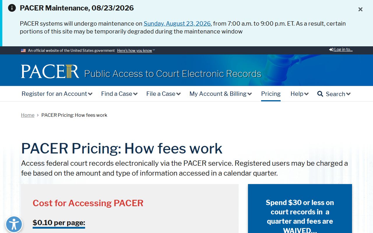 Federal PACER pricing for Grant County court record researchers